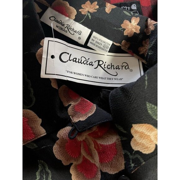 Claudia Richard +22W Black Floral Button Down Front Collar Short Sleeve Blouse - Picture 6 of 6